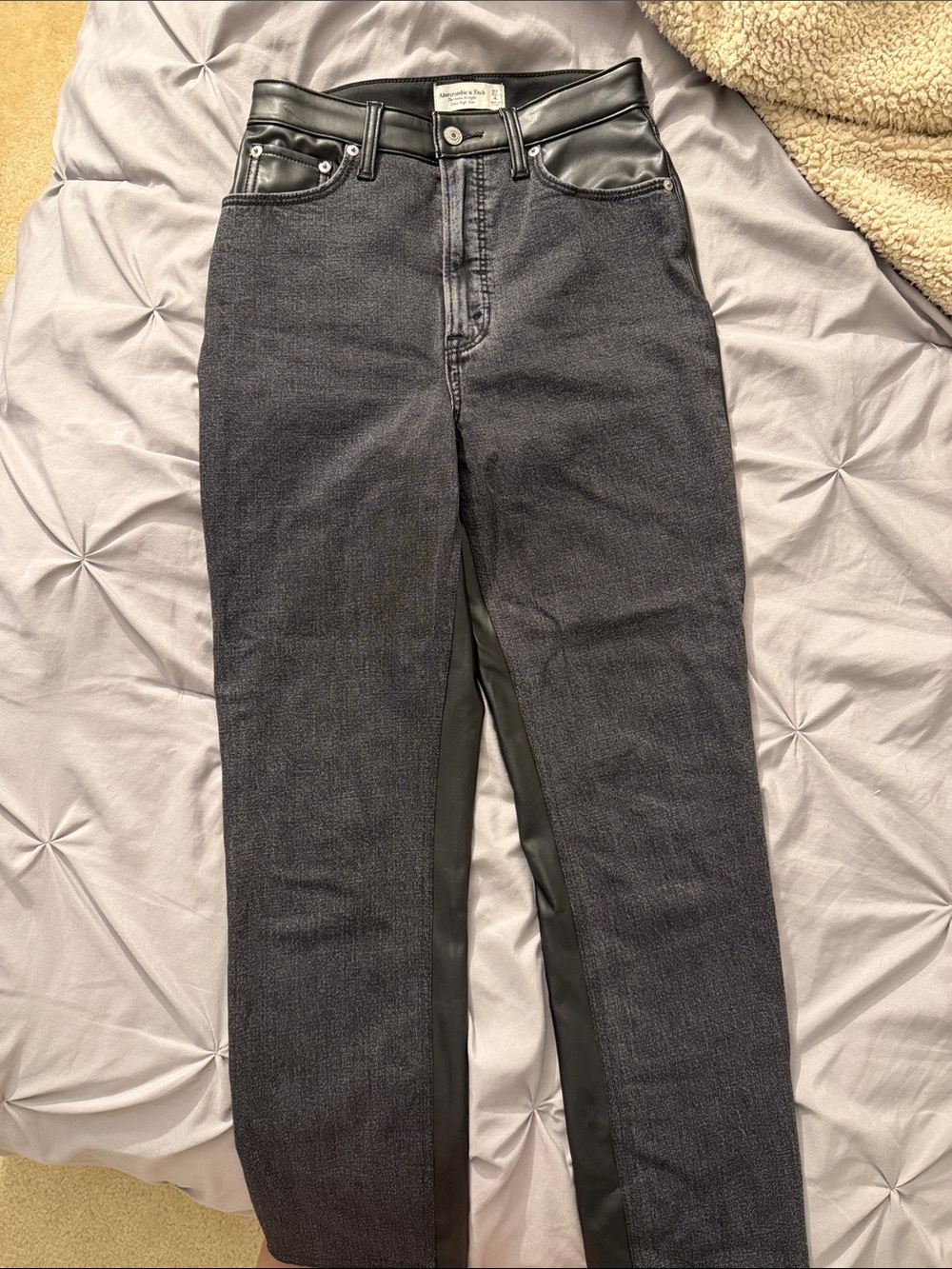 Women’s Straight Leg Jeans with Black Faux Leather Back
